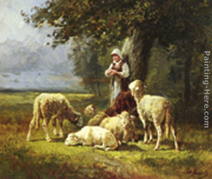 Charles Emile Jacque A Shepherdess With Her Flock In A Woodland Clearing